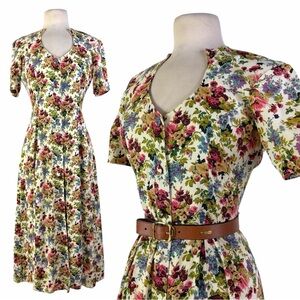 Vtg 90s Floral Button Front Maxi Dress Cottagecore Fit & Flare BoHo Tea Dress M